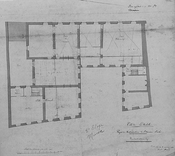 Projet de restauration de l'ancien évêché. Plan du deuxième étage, première esquisse du 30 mars 1831, par A. Brossard.