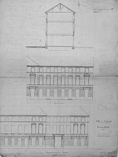 Etat des lieux du 30 mars 1831, par A. Brossard. Coupe du bâtiment entre cour et jardin et élévations sur le jardin et sur la rue.