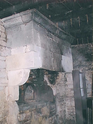 Dépendance sud sur cour, cheminée monumentale sur mur est, vue de trois-quarts.