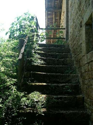Ancien logis, élévation antérieure, détail de l'escalier en maçonnerie.