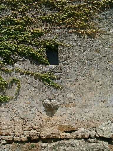 Dépendances de l'ancien logis, grange, élévation postérieure, détail de la baie et de la pierre d'évier.