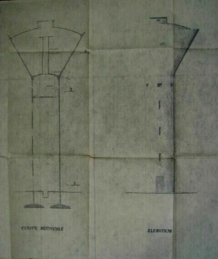 Projet de construction d'un château d'eau, 1974, coupe et élévation.