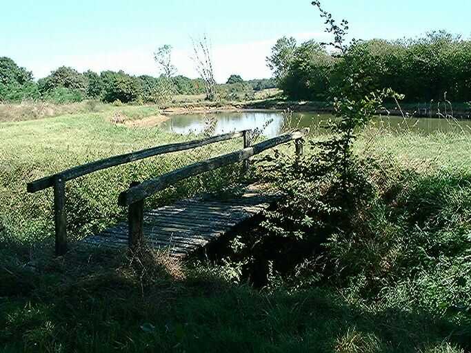 Etang privé dépendant de la grande ferme de Mortaigre, petit pont enjambant un petit ruisseau sortant d'une source.