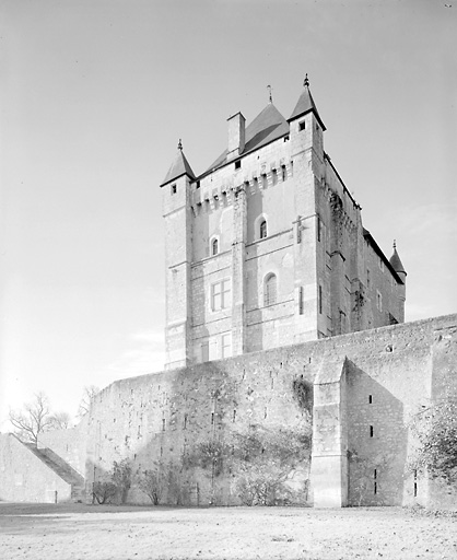 Donjon, élévations est et nord, mur de soubassement, ensemble vu du nord-est.