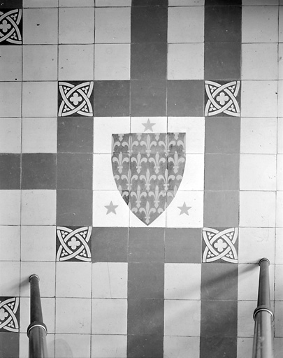 Logis, deuxième étage, tour est, chambre dite de Jean le Bon, carelage, blason à fleurs de lys.