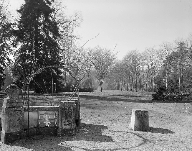 Triple allée de platanes au nord-ouest et bassin, vue prise de la terrasse sud du logis.