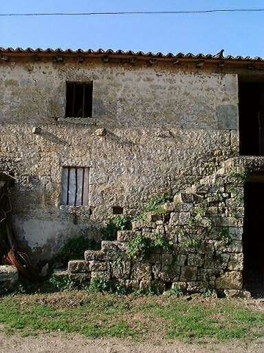 Dépendances, écuries et logement d'ouvrier agricole, élévation antérieure sur cour, détail de l'escalier en pierre accolé.