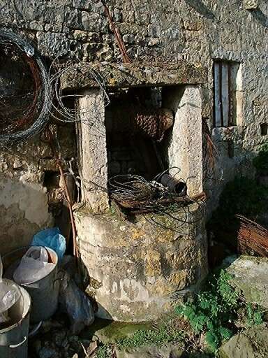 Dépendances, écuries et logement d'ouvrier agricole, élévation antérieure sur cour, vue du puits installé au centre de cette élévation.