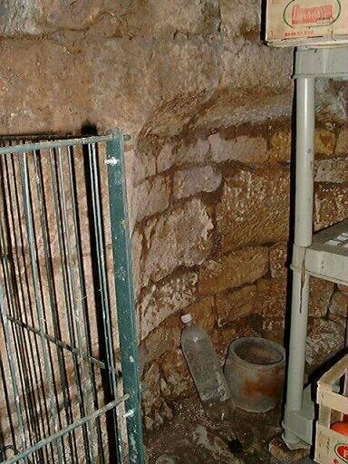 Logis, partie nord, cave voûtée, escalier en pierre, détail d'une des deux niches, couvertes d'un arc en anse de panier, aménagées dans la maçonnerie latérale de l'escalier.