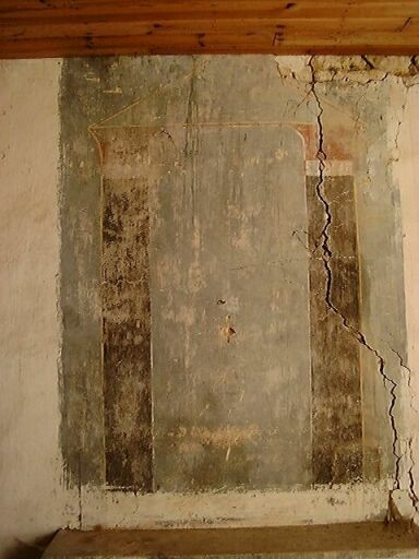 Logis, étage, chambre, cheminée, détail de la peinture du trumeau.