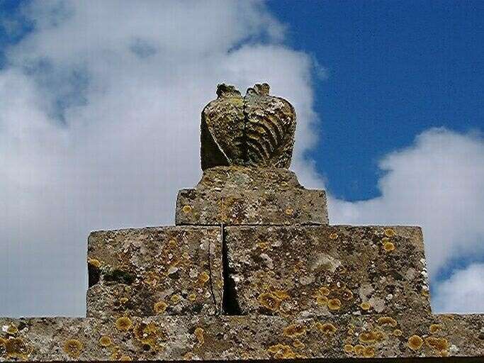 Portail d'accès à la propriété, piliers maçonnés, détail de l'ornement végétal sommant les piliers.
