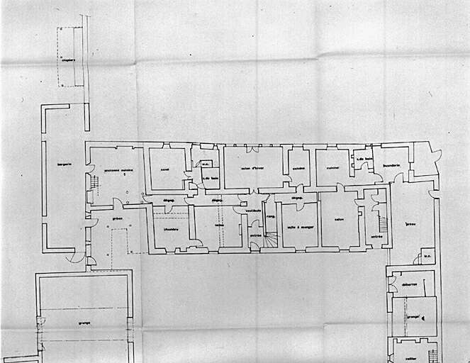 Agrandissement de bâtiments en vue de l'installation d'un monastère. Avant-projet sommaire 196-02. Plan du rez de chaussée. Etat actuel. Poitiers le 28 mai 1996, par Denis Thoumin, détail du plan du logis.