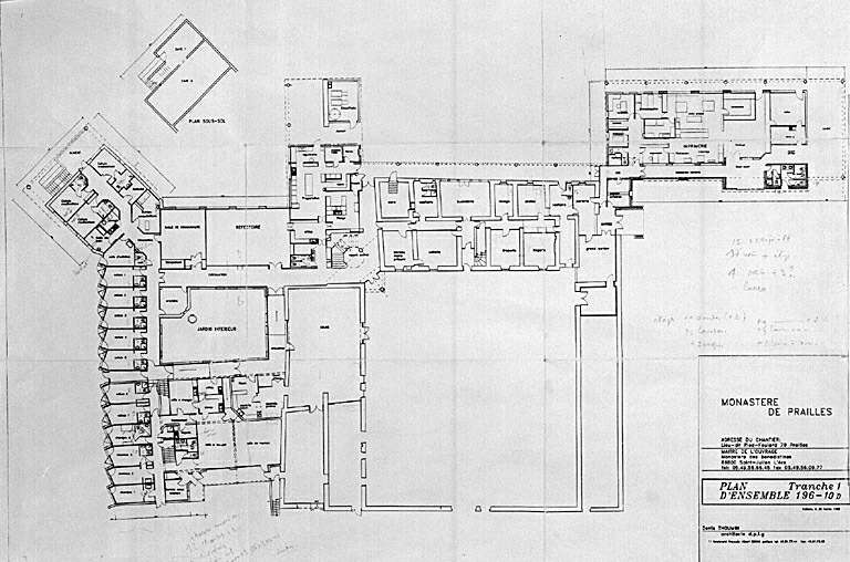 Monastère de Prailles. Plan d'ensemble 196-10D. Tranche 1. Poitiers le 25 février 1998, par Denis Thoumin.