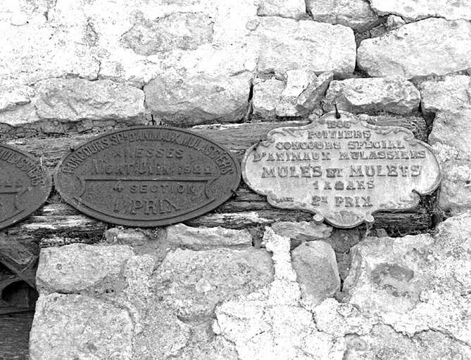 Dépendance en retour à droite du logis, portail, linteau en bois orné de plaques de prix gagnées aux concours d'animaux mulassiers