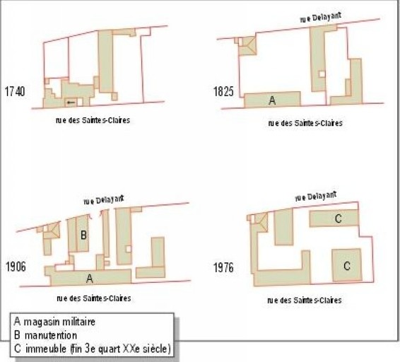 Evolution des plans masse successifs, d'après le plan de l'équipement de 1989 au 1/500e.