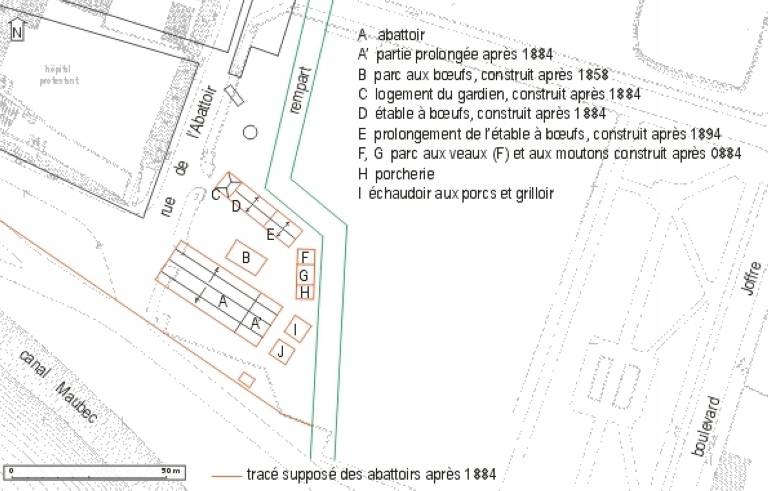 Plan topographique de 1960, plan masse de l'abattoir avant sa destruction.