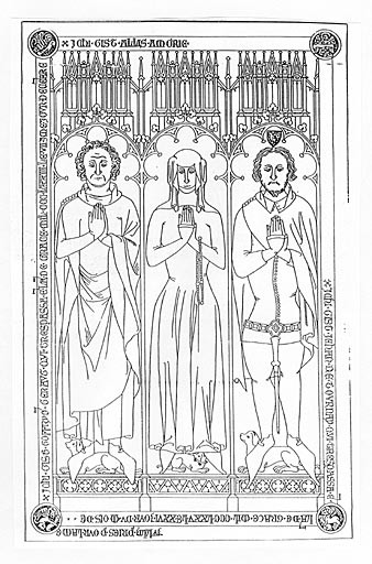 Dalle funéraire de Jehan de Tournay, décédé en 1375, de Geoffryon Géraut, décédé en 1373, et d'Allis Amorie. Dalle découverte en 1982, dessin.