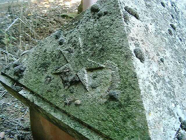 Cimetière privé, tombeau de Louise Dezergy, morte en 1915, épouse de Jacques Gaillard. Détail de l'extrémité de la dalle en bâtière décorée d'une étoile à sept branches.