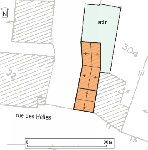 Plan de masse, plan shématique des toitures. D'après le cadastre de 1981 AH 305.