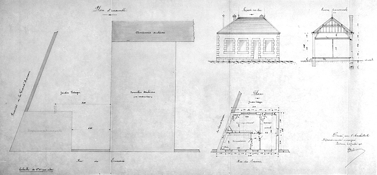 Plan et élévation, construction du bâtiment à l'angle de l'impasse des Ecossais adossé au mur de clôture de la Grand'Maison, destiné au service vicinal, 1908.