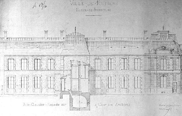 Elévation, aile sud, façade sur ancienne cour des archives, Guérinot, 1864.