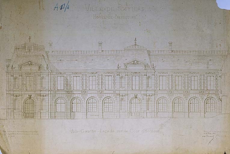 Elévation, aile sud, façade sur cour d'honneur, dessin Guérinot, 1864.