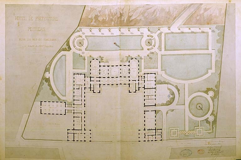 Plan aquarellé, rez-de-chaussée, premier projet Durand, 1863.