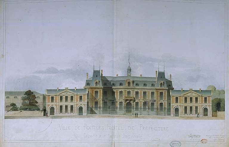 Elévation, façade sur cour d'honneur, premier projet Durand, aquarelle, 1863.