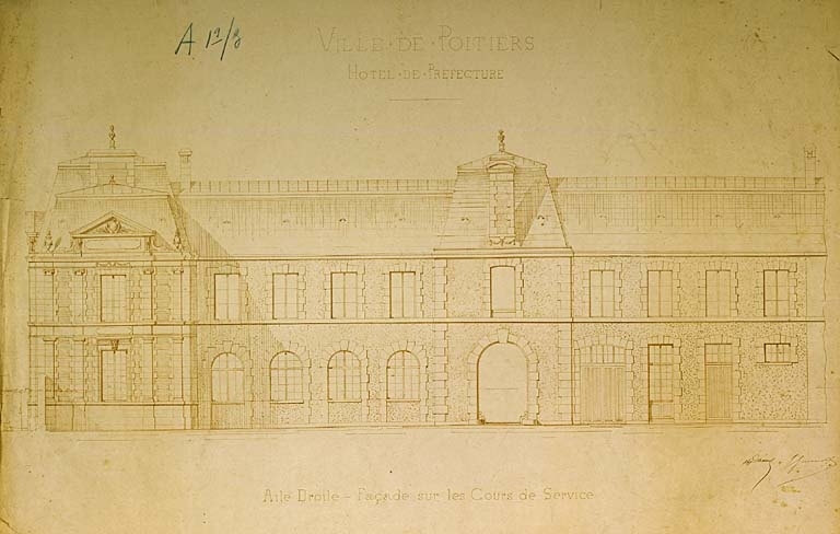 Elévation, aile nord, façade sur ancienne cour de service, Guérinot, 1864.