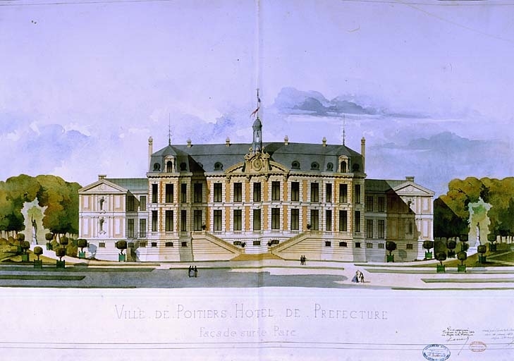 Elévation, façade sur jardin, premier projet Durand, aquarelle, 1863.