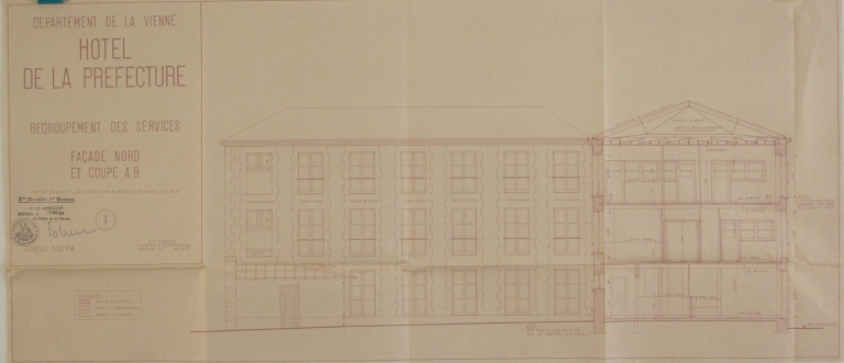 Elévation et coupe transversale, façade nord, ancien bâtiment des archives, 1954.