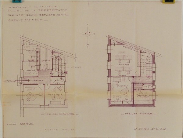 Plans, rez-de-chaussée et premier étage, bâtiment à l'angle de l'impasse des Ecossais adossé au mur de clôture de la Grand'Maison, destiné au service vicinal puis au service des HLM, état avant 1960.