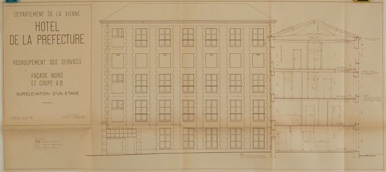 Plan et coupe, façade nord, ancien bâtiment des archives, premier projet de surélévation, mars 1963.