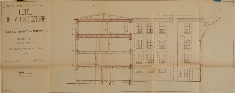 Elévation et coupe, façade est, ancien bâtiment des archives, projet réalisé de surélévation, octobre 1963.