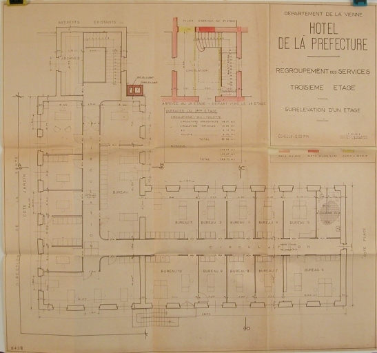 Plan, ancien bâtiment des archives, projet réalisé de surélévation d'un étage, octobre 1963.