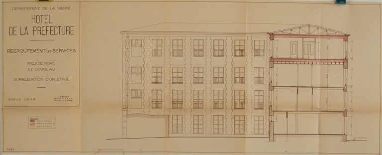 Elévation et coupe, façade nord, ancien bâtiment des archives, projet réalisé de surélévation, octobre 1963.