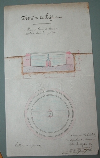 Plan et coupe, projet d'un bassin pour le parc, 1870.