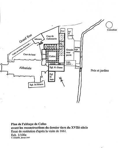 Plan de l'abbaye de Celles avant les reconstructions du dernier tiers du 17e siècle.