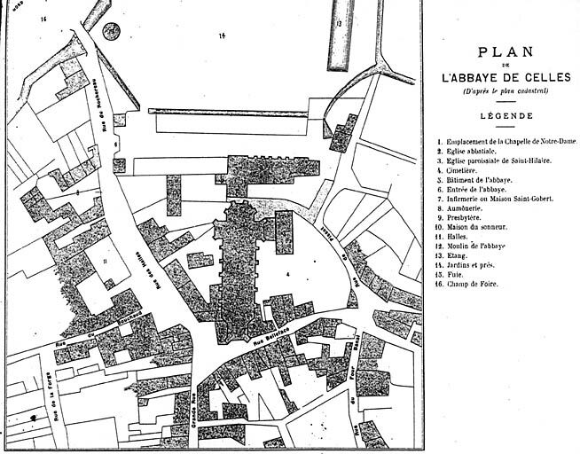 Plan de l'abbaye de Celles en 1900. Extrait de Largeault.