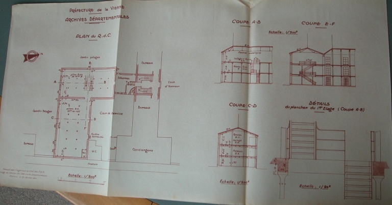 Plan et coupes, ancien bâtiment des archives, état en 1944.