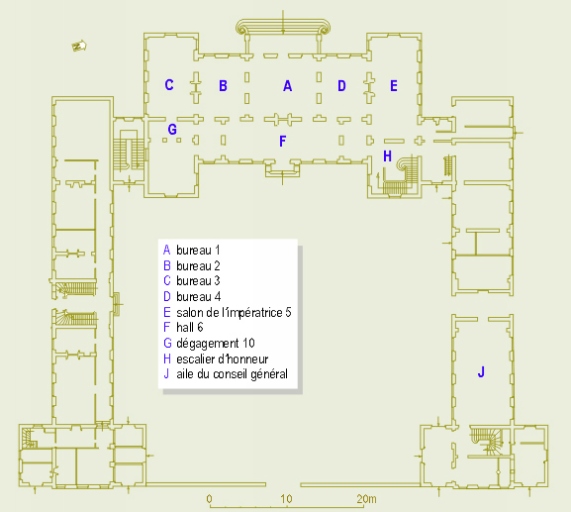 Plan de situation, rez-de-chaussée, mobilier de la préfecture.