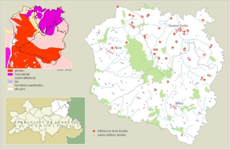 Carte des édifices en terre étudiés à Oradour-Fanais, Abzac et Brillac.