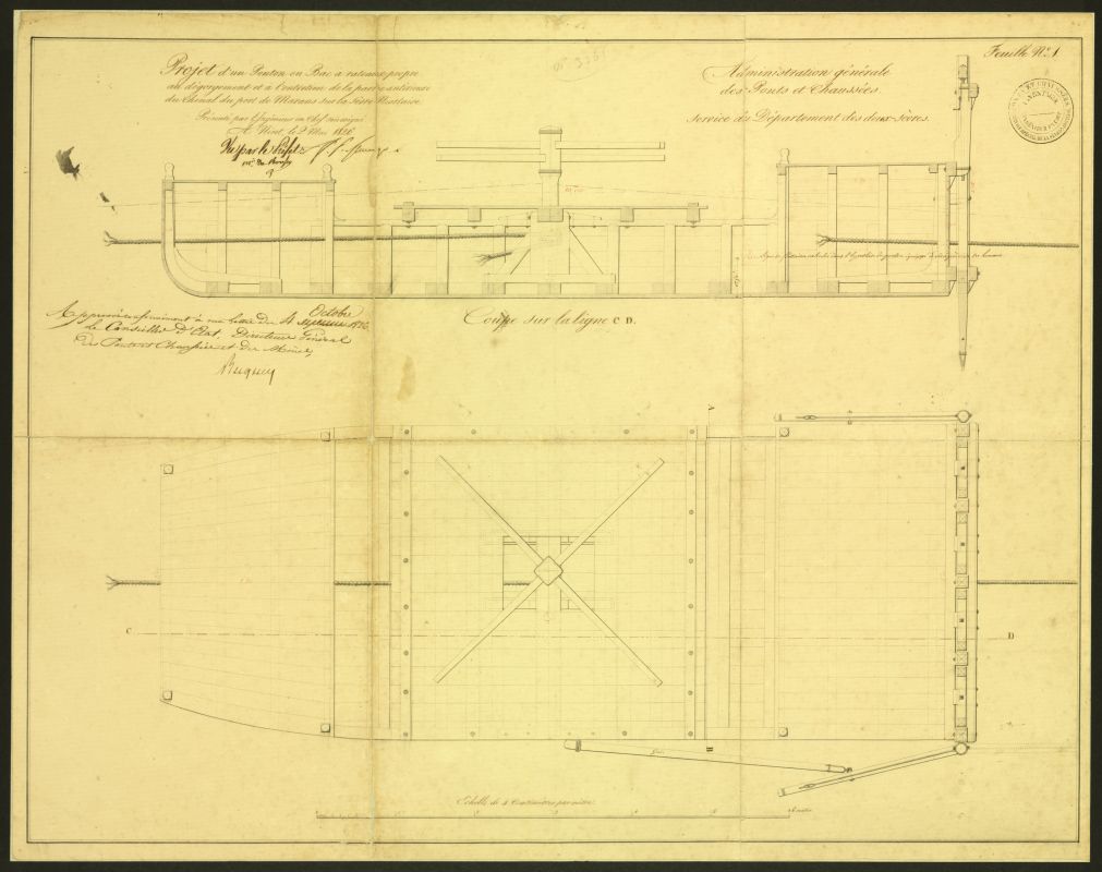 Projet d'un ponton ou bac à râteaux propre au dégorgement et à l'entretien de la partie antérieure du chenal du port de Marans, par Mesnager, 2 mai 1826 : plan et coupe.