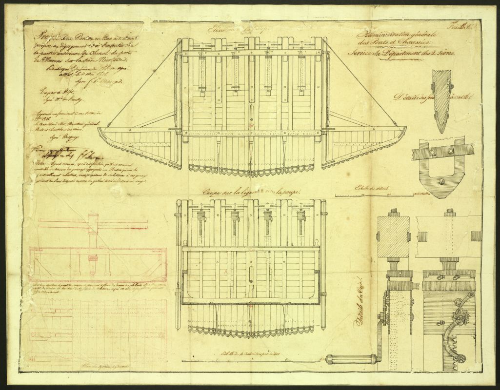 Projet d'un ponton ou bac à râteaux propre au dégorgement et à l'entretien de la partie antérieure du chenal du port de Marans, par Mesnager, 2 mai 1826 : élévation de la poupe, coupe et détails.