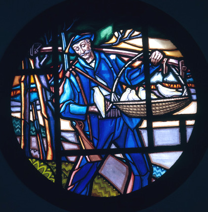 Séjour-salle à manger, chasseur de palombes, vitrail par Mauméjean frères.