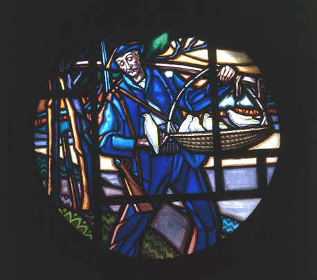 Séjour-salle à manger, chasseur de palombes, vitrail par Mauméjean frères.