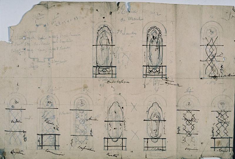 Croquis d'ensemble pour la vitrerie de l'église, par le verrier Gustave-Pierre Dagrant.