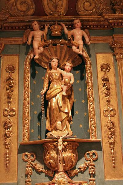 3 statues du retable de l'autel de la Vierge : Vierge à l'Enfant et deux anges