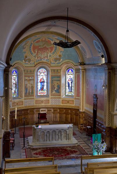 Peinture monumentale : Christ en majesté avec le Tétramorphe, Prophètes, Calvaire, Sainte Famille, symboles des Litanies et des Vertus