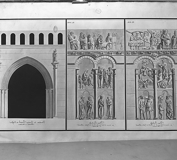 Dessins des reliefs latéraux du portail par A. du Mège, vers 1821.